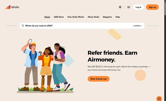 Airalo homepage screenshot with a destination search and an illustrated referral promotion.