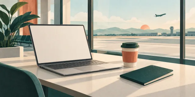 Illustration of a laptop, coffee, and passport beside an airport window.