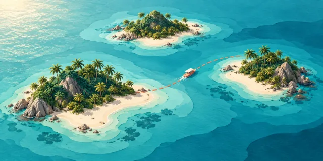 Illustration of a boat following a dotted route between tropical islands.