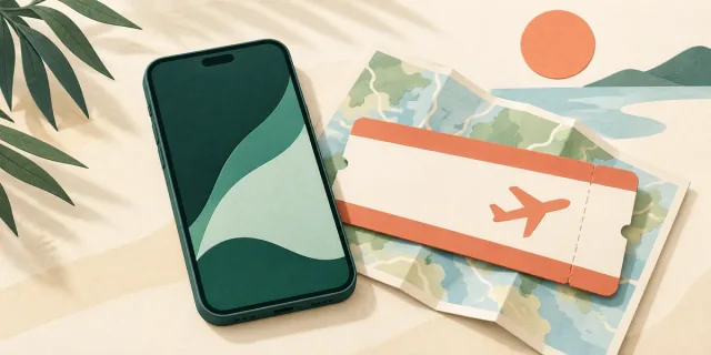 Illustration of a phone beside an airline ticket and folded map.