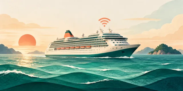 Illustration of a cruise ship at sunset with a wireless signal symbol above it.