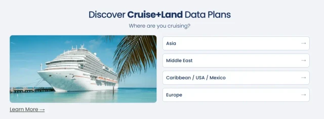 GigSky Cruise+Land plan-selection screen with regional options beside a cruise-ship image.