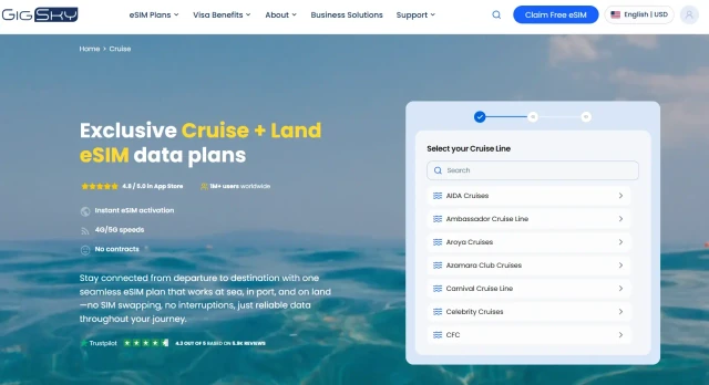 GigSky Cruise + Land webpage with a cruise-line search and selection list.