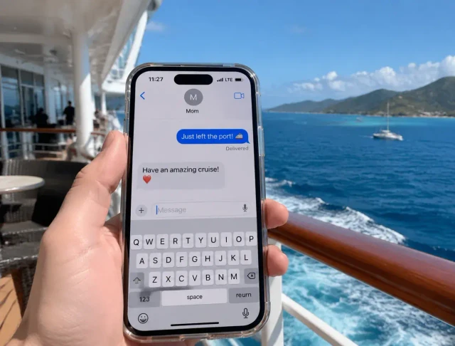 Phone displaying a messaging conversation on a ship deck with the coastline in view.