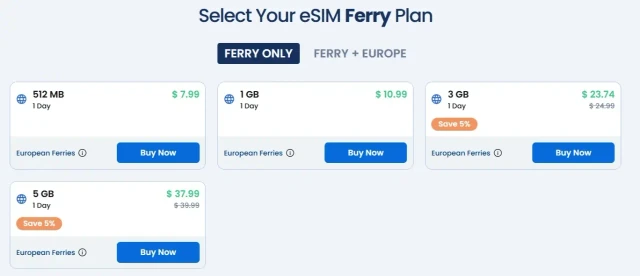 GigSky European ferry plan-selection screen with Ferry Only and Ferry + Europe tabs and data packages.