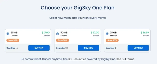 GigSky One plan-selection screen comparing monthly 25GB, 50GB, and 75GB tiers.