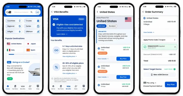 Four GigSky app screens showing Explore, Visa Benefits, destination plans, and a separate order with ESIMADVICE15 applied.