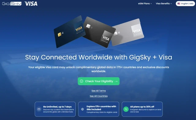 GigSky and Visa benefits webpage with card tiers and a Check Your Eligibility control.