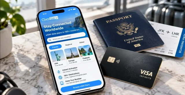 Phone displaying GigSky beside a Visa Infinite card, passport, and boarding pass.
