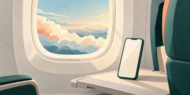 Illustration of a phone on a tray table beside an aircraft window.