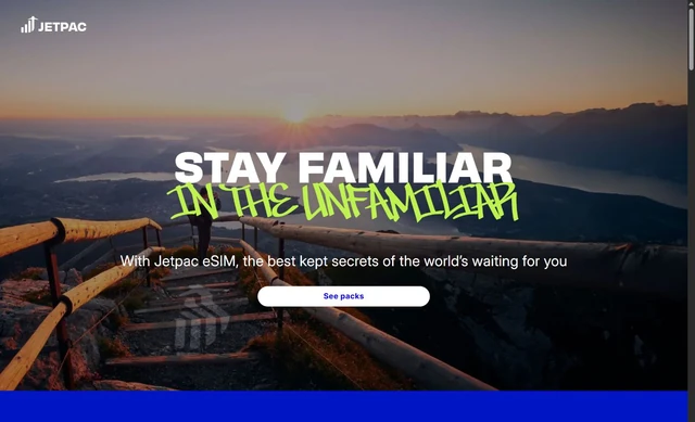 Jetpac homepage screenshot with mountain scenery and a See packs button.