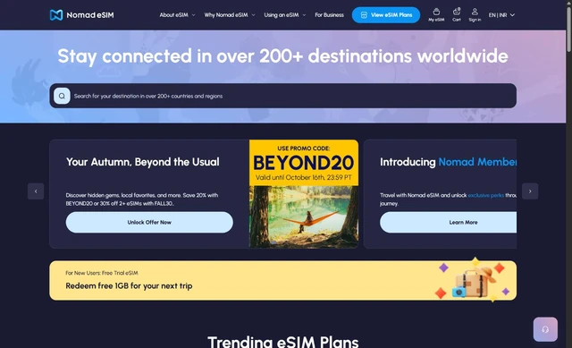Nomad homepage screenshot with a destination search, promotional cards, and a new-user trial banner.