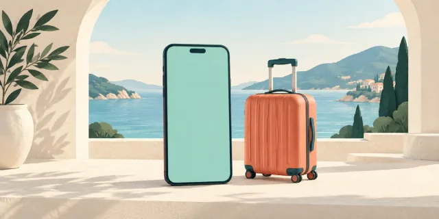 Illustration of an upright phone and rolling suitcase overlooking the sea.