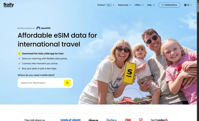 Saily homepage screenshot with a destination search and a family holding a phone.