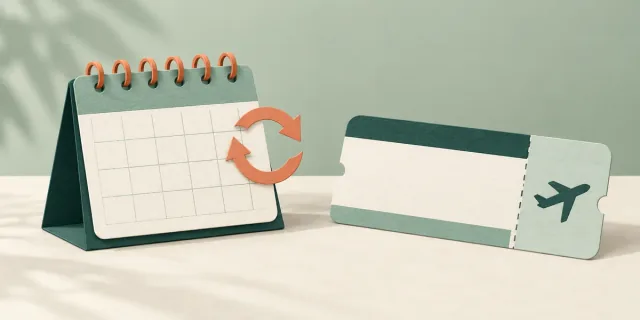 Illustration of a calendar with recurring arrows beside a single-trip airline ticket.