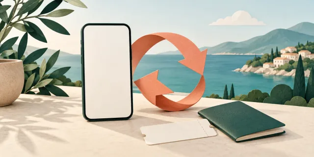 Illustration of a phone and circular return arrows beside a ticket and passport.