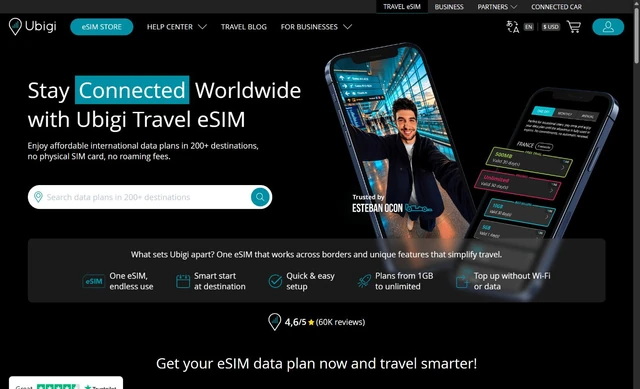 Ubigi homepage screenshot with a data-plan search, two phone mockups, and travel eSIM features.